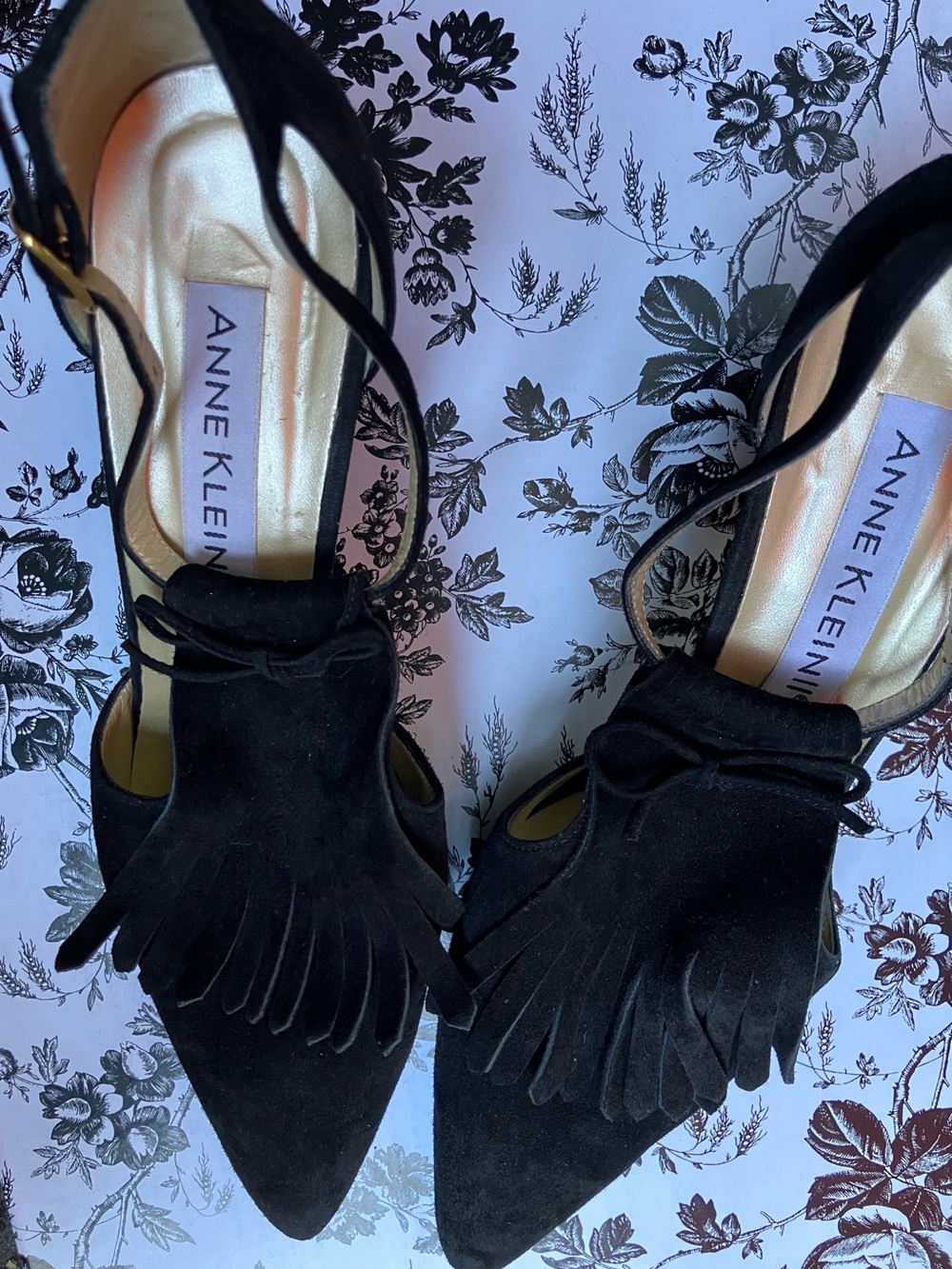Anne Klein Black Suede Fringe Slingback Vintage Kitten Heels Women’s 10 (N)